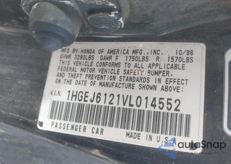 1997 Honda Civic Dx z USA, uszkodzony, nr VIN 1HGEJ6121VL014552